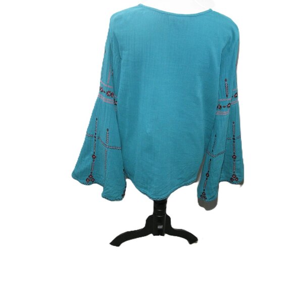 The Pyramid Collection Turquoise Embroidered Boho Bell Sleeve Blouse Size XL - Picture 4 of 8